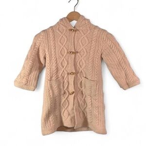 Bonpoint merino wool hooded sweater jacket coat  cable knit baby pink toggle 6